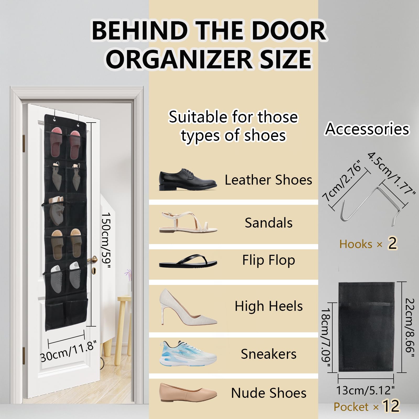 Shoe Organizer 12 Mesh Pockets — Hanging Storage with 4 Metal Hooks, Black