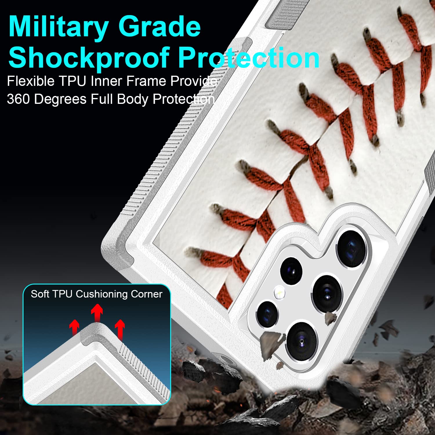 Case for Samsung Galaxy S22 Ultra, Baseball Sports Pattern Shock-Absorption Hard