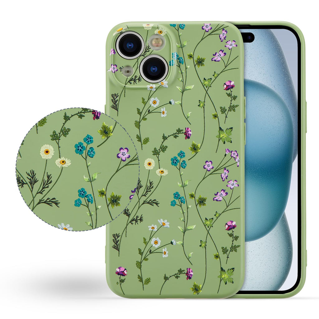 Case for iPhone 15,Liquid Silicone Cover with Cute Flower Branch Pattern
