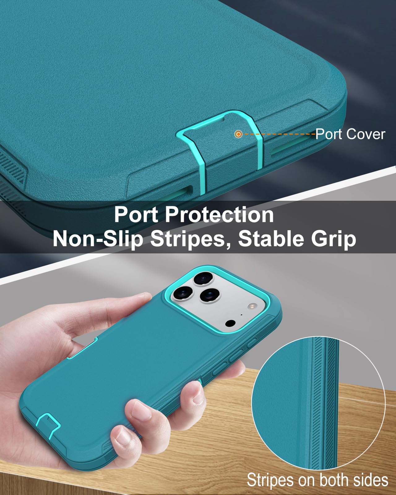 Iphone 17 Pro Case, 3-Layer 16Ft Drop Protection, With Dustproof Port Cover, Ful