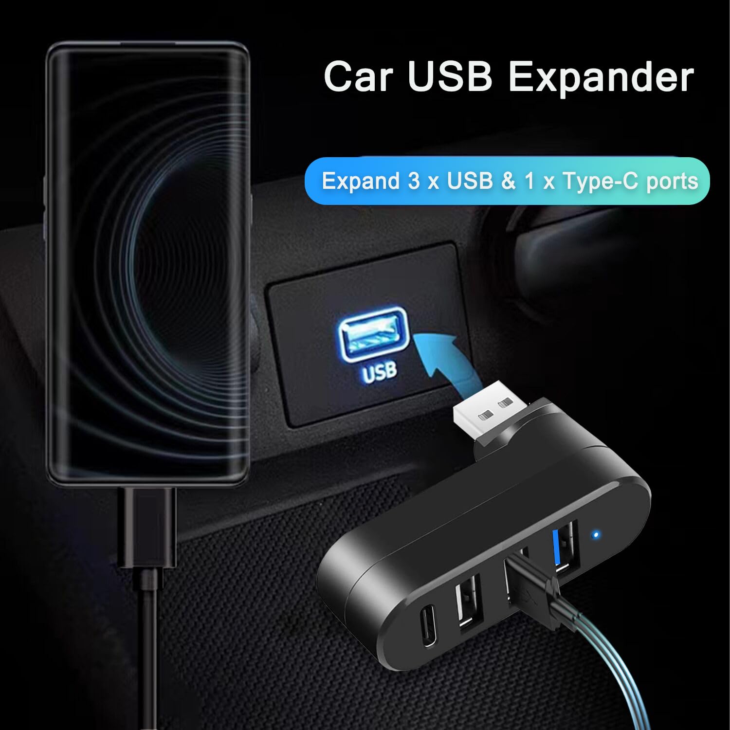 4-Port USB 3.0 Hub [90°/180° Degree Rotatable], USB Splitter with PD-in 5W USB C