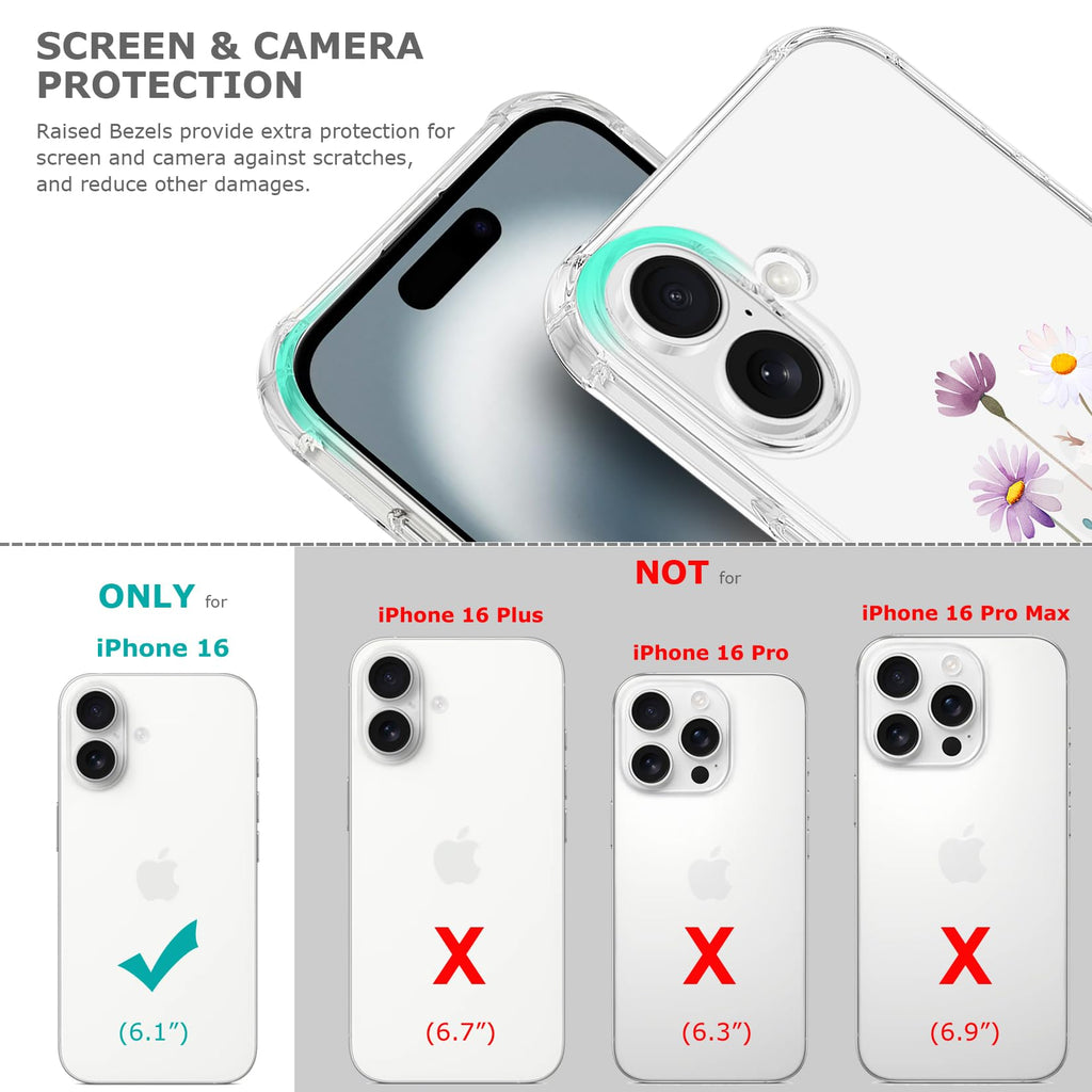 Clear Case for iPhone 16 for Women Girls,Cute Flowers Design Phone Cover,
