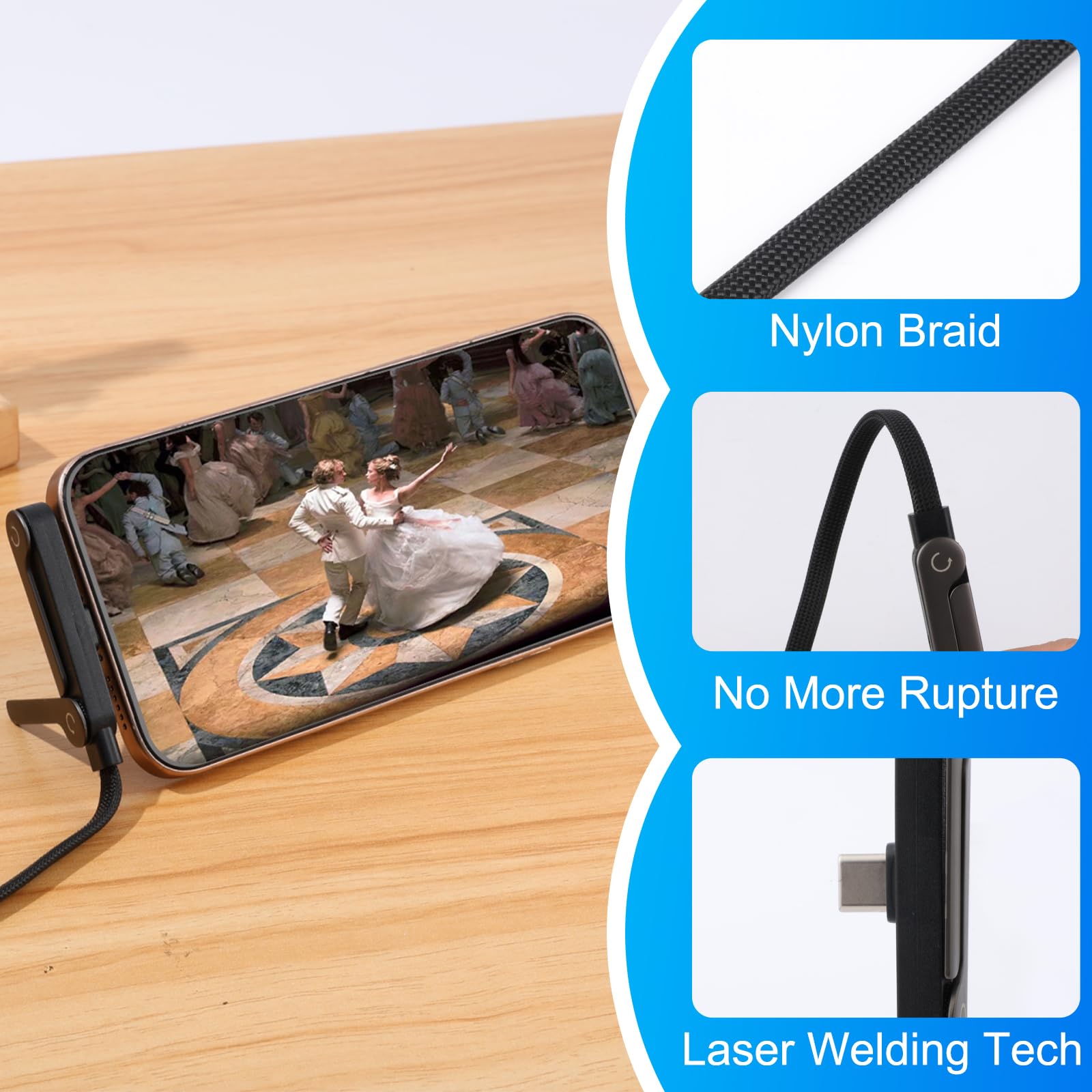 Sideways Fast Charging Cable with Hidden Phone Stand – 240W Braided Charger