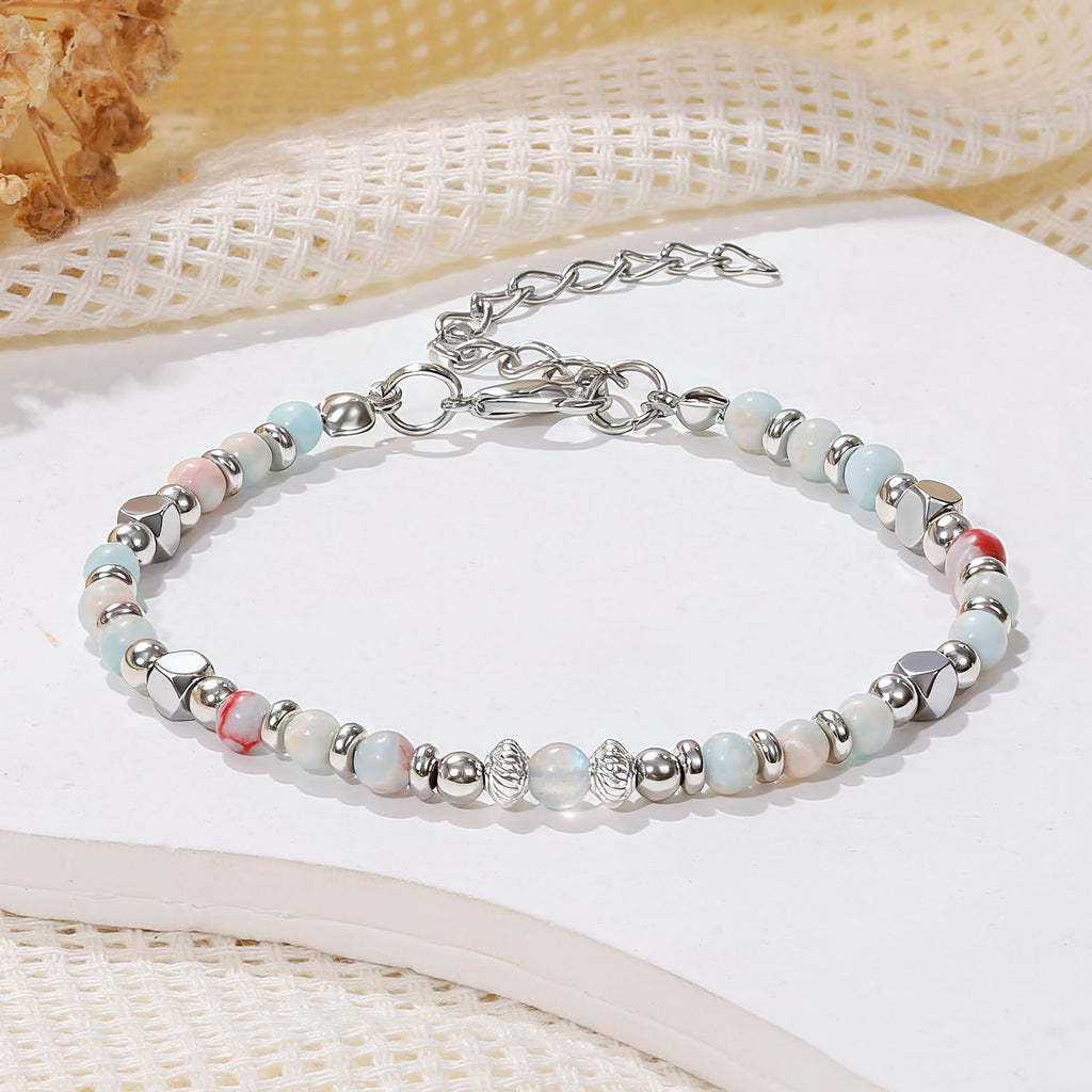 Moonstone Beaded Bracelet for Women - Adjustable Silver Boho Healing Crystal Jew