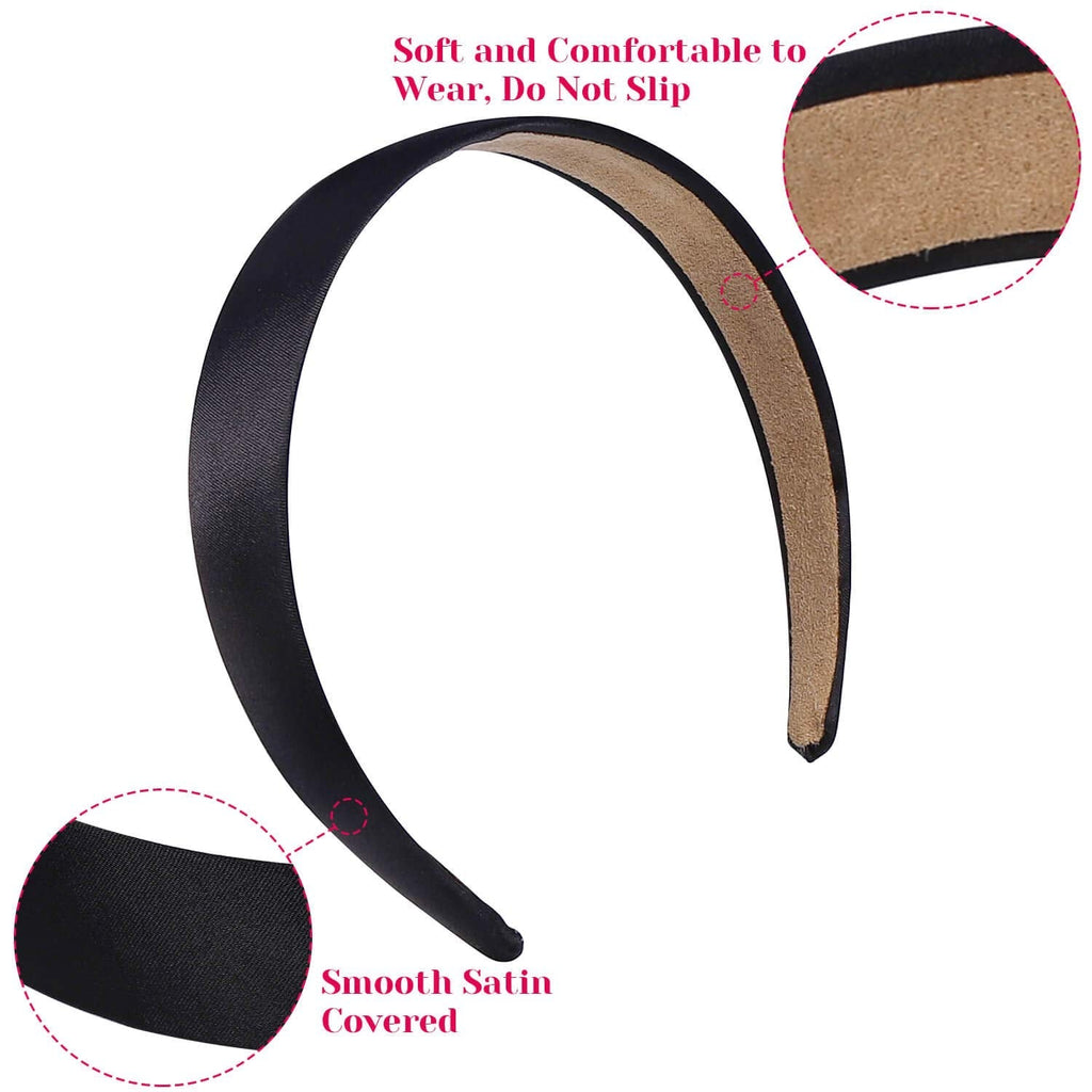 16 Pcs Satin Headbands Bulk 1 Inch Anti-slip Black Ribbon Hair Bands Plain Hard