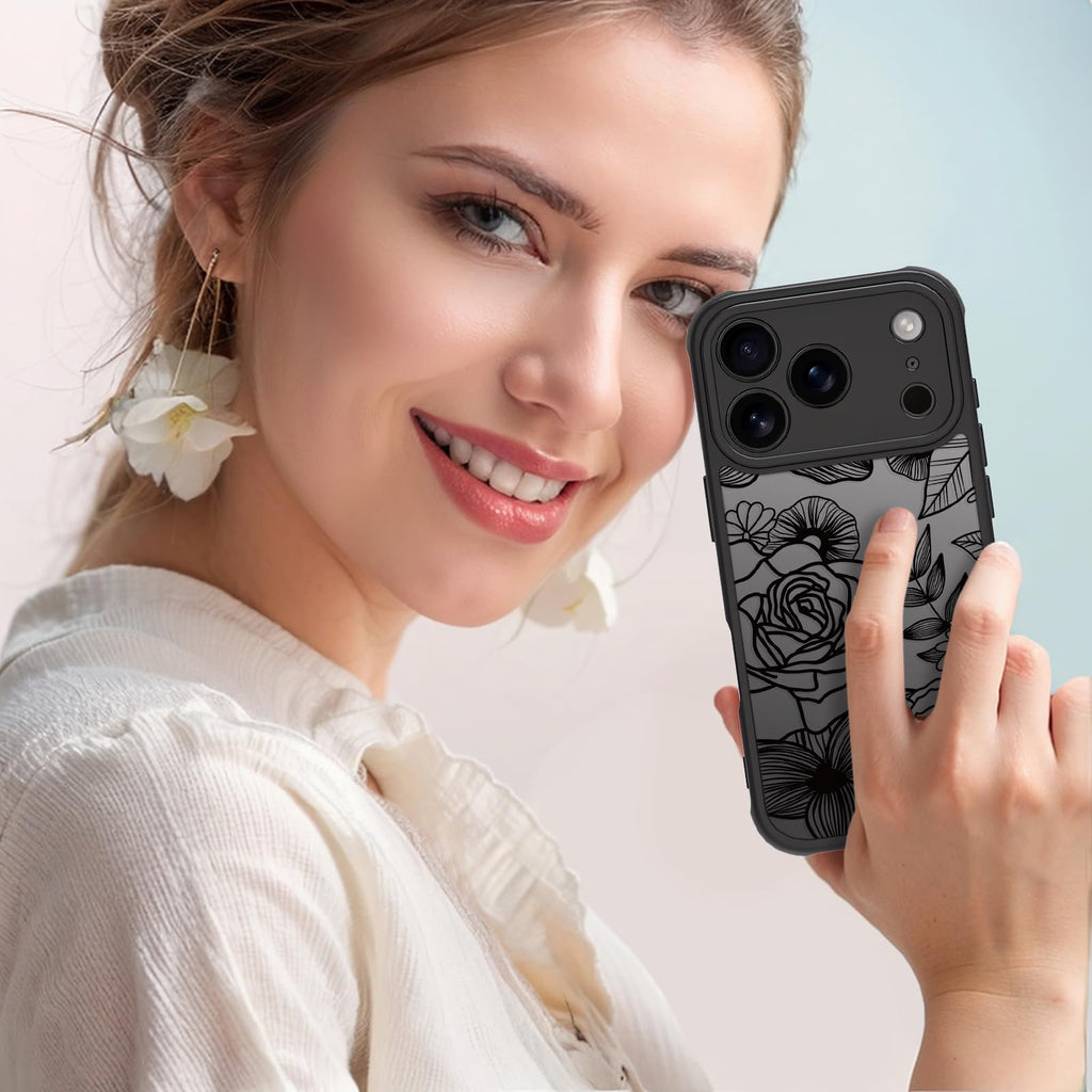 Flower Case For Iphone 17 Pro, Rose Aesthetic Black Line Art Floral Pattern Prin