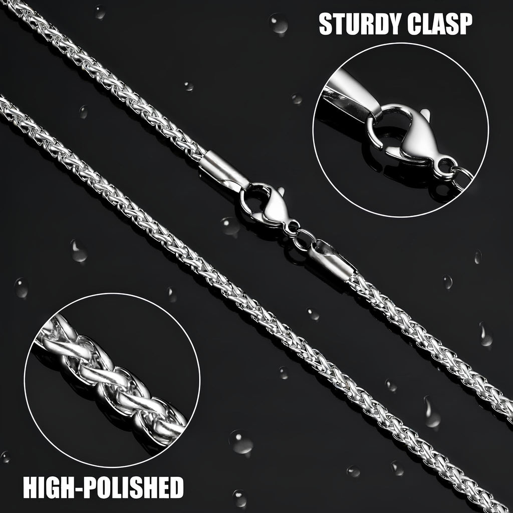 Silver Tone Wheat Chain Necklace for Men, 2.5mm Mens Chain Necklaces, Stainless