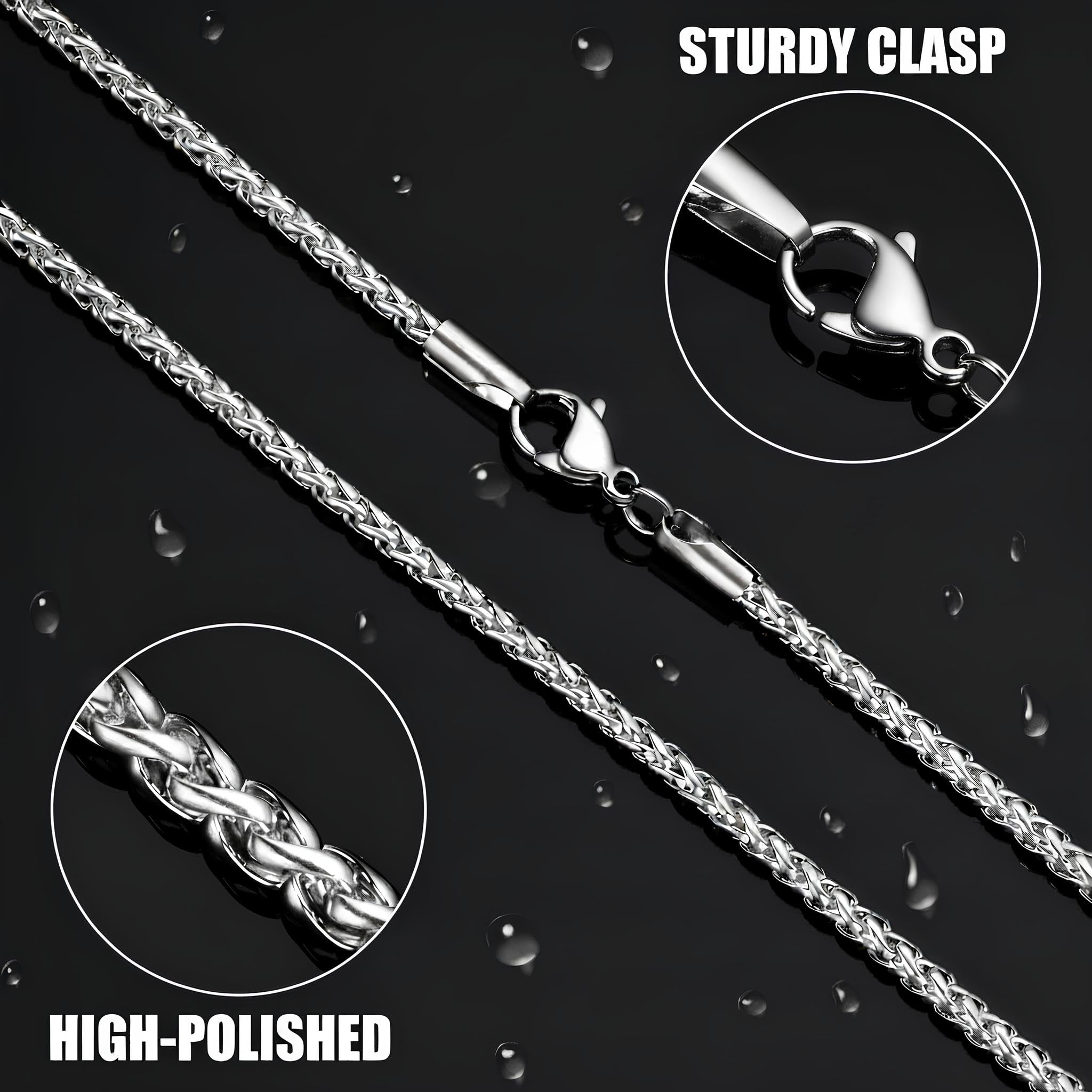 Silver Tone Wheat Chain Necklace for Men, 2.5mm Mens Chain Necklaces, Stainless