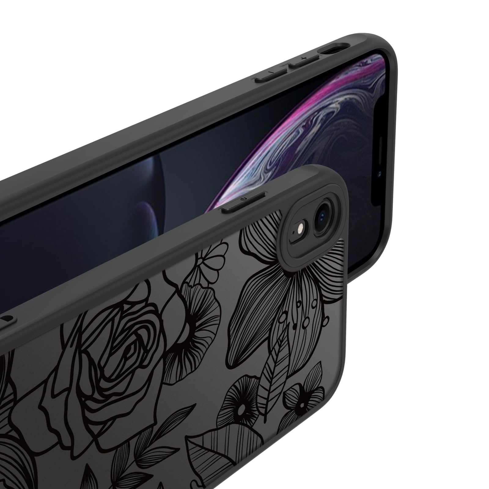 Flower Phone Case Compatible with iPhone XR, Rose Aesthetic Black Line Art