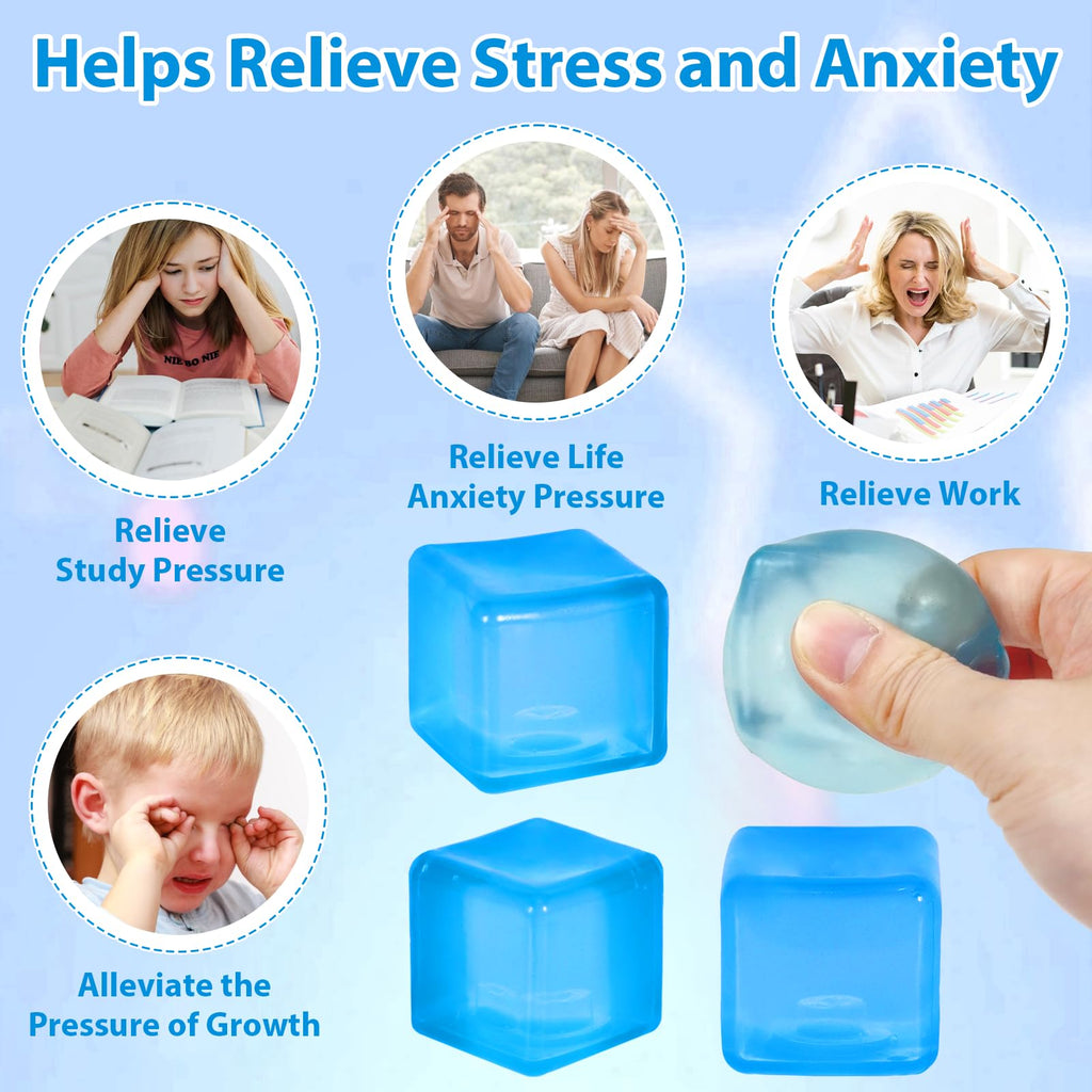 Stress Ball, Medium Cube 5cm(1.98") Fidget Toys, Blue Ice Cube Squishy Cube