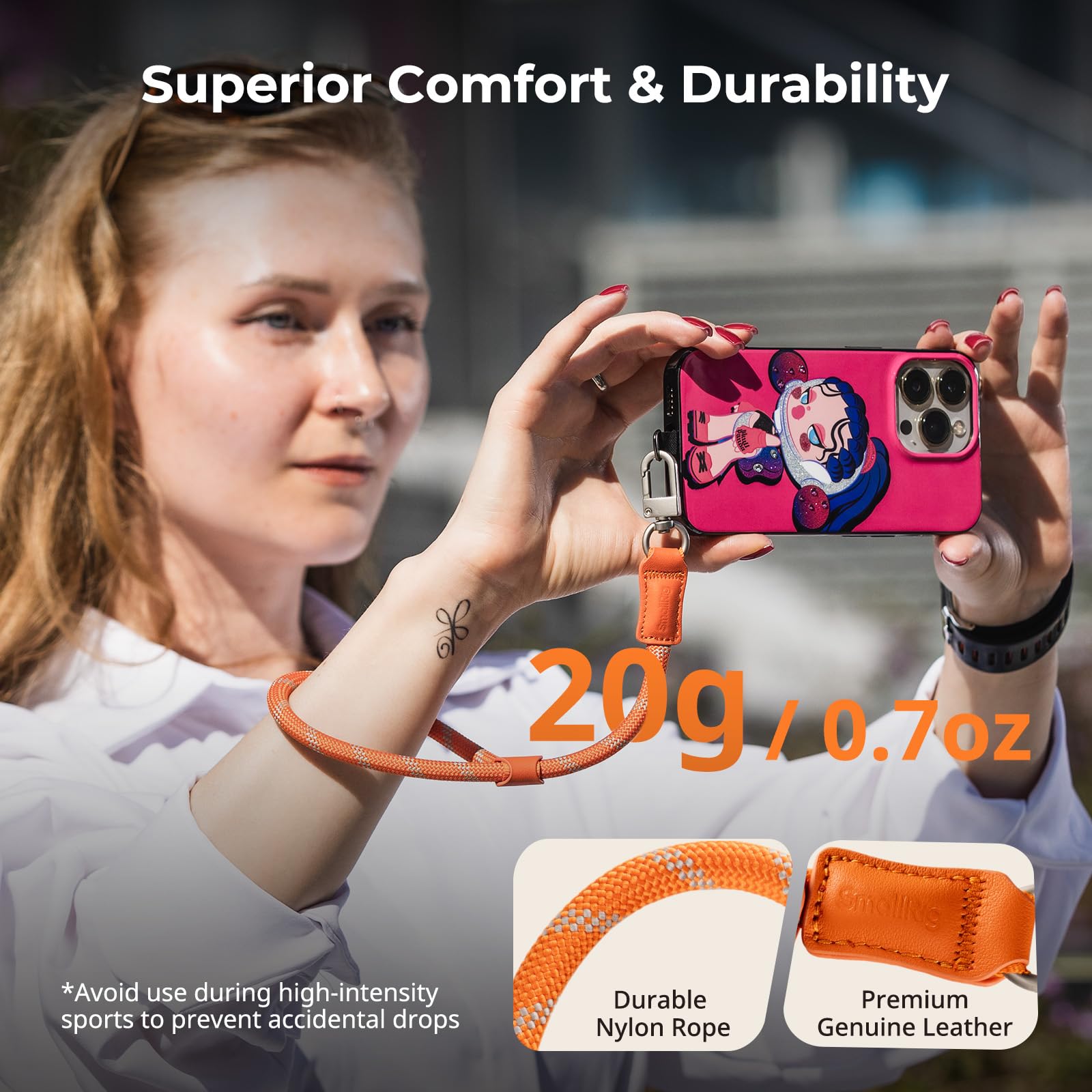 Phone Wrist Strap, 38Cm Leather & Nylon Wrist Strap For Smartphones With Built-I