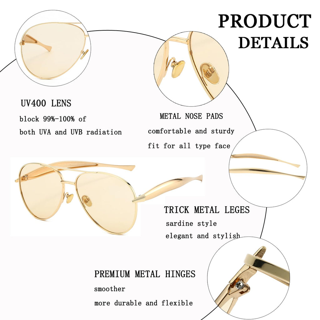 Gold Aviator Sunglasses for Women Men Trendy Oversized 70s Aviators Sun Gl