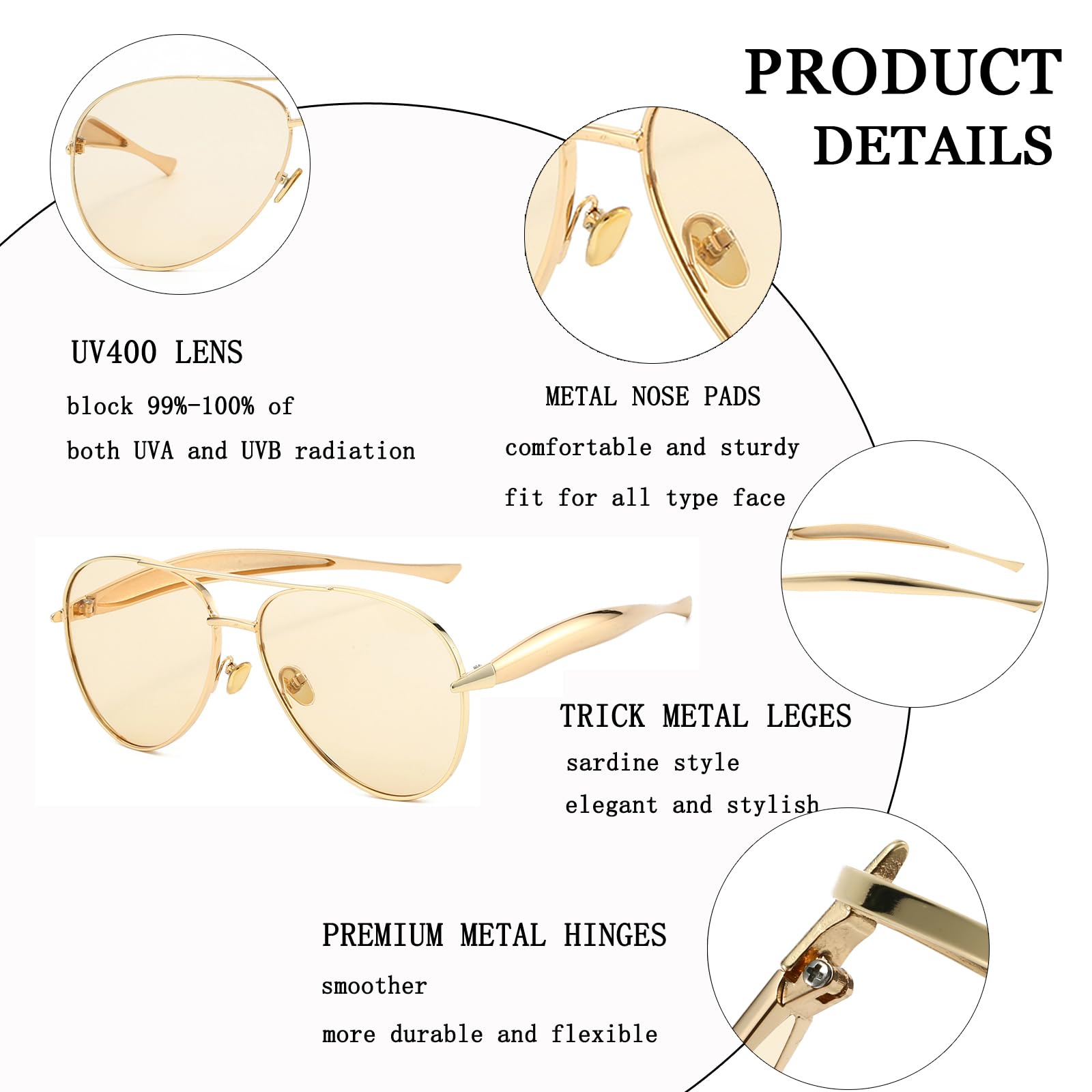 Gold Aviator Sunglasses for Women Men Trendy Oversized 70s Aviators Sun Gl