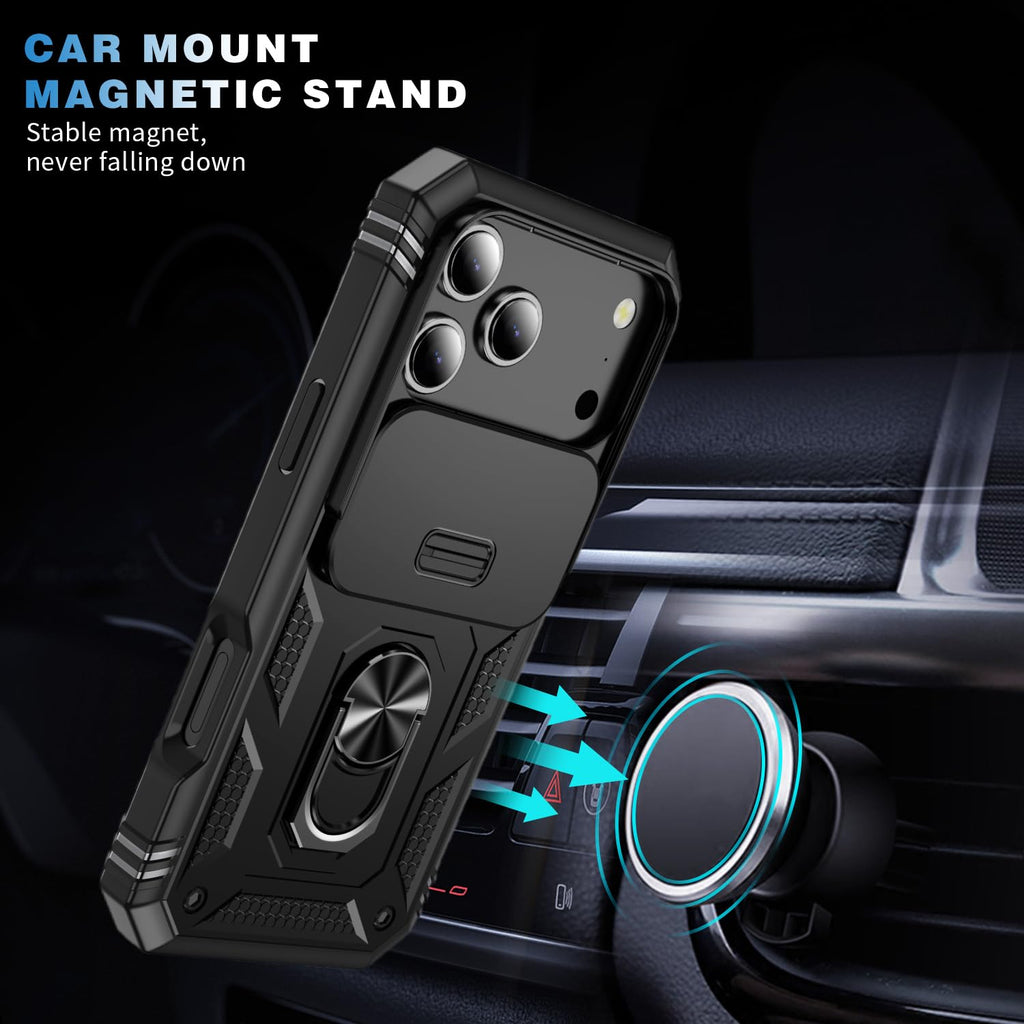 17 Pro Case 360° Metal Rotated Ring Holder Magnetic Kickstand【Slide Camera Cover