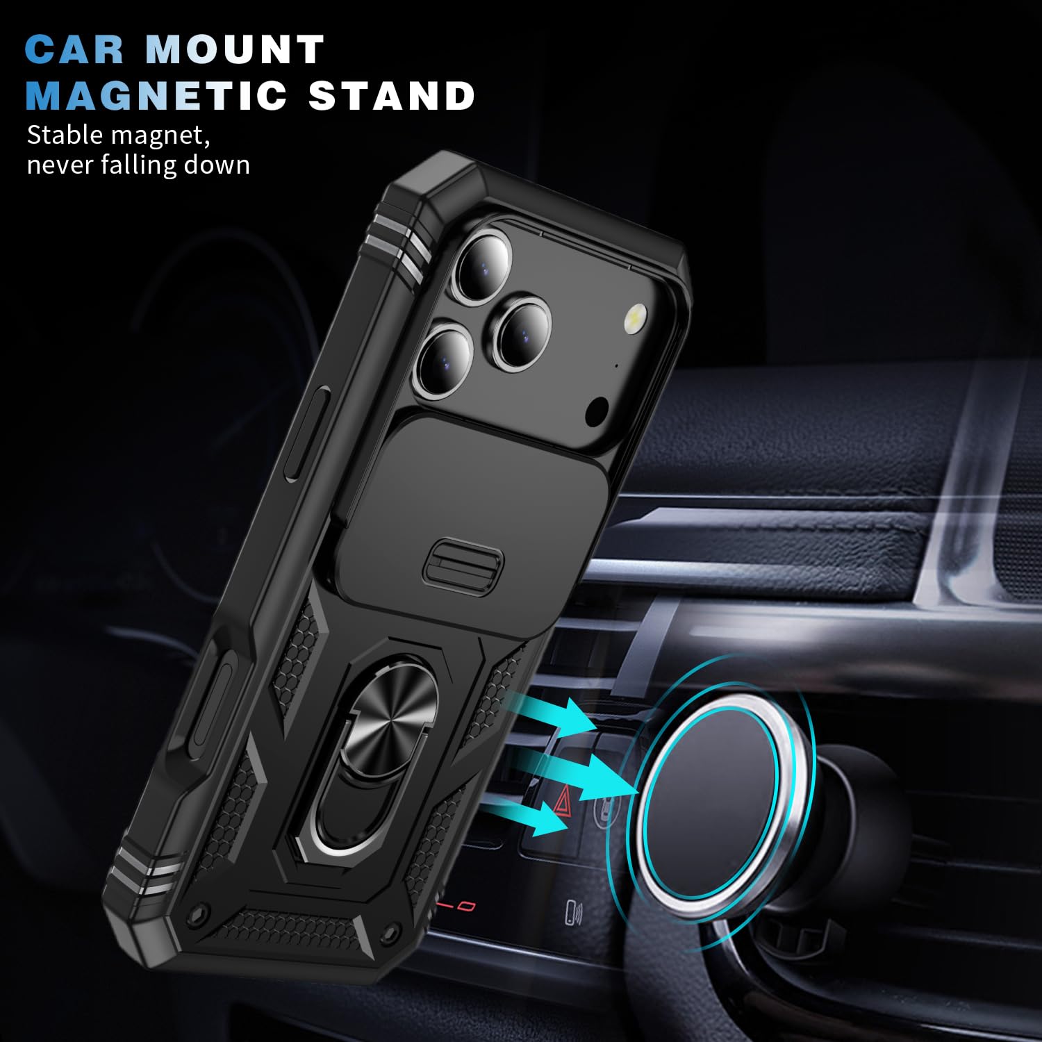 17 Pro Case 360° Metal Rotated Ring Holder Magnetic Kickstand【Slide Camera Cover