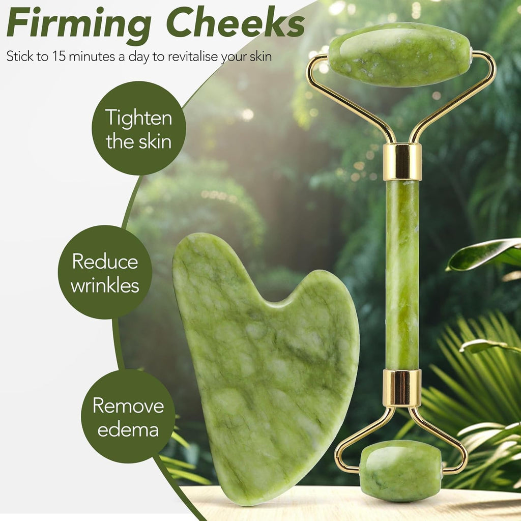 Jade Roller & Gua Sha Set — Cooling Firming Facial Sculpting Tool for Jawline &