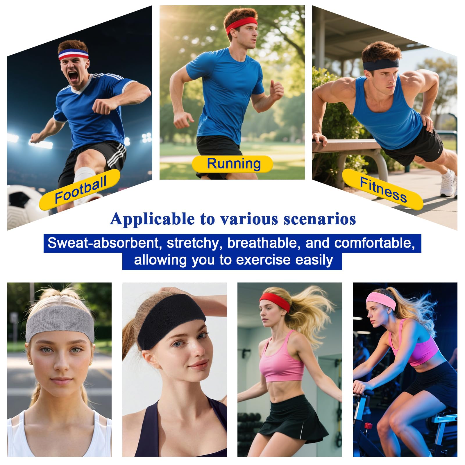 Sports Headband for Men and Women Terry Cloth Moisture Wicking Sports Sweatband