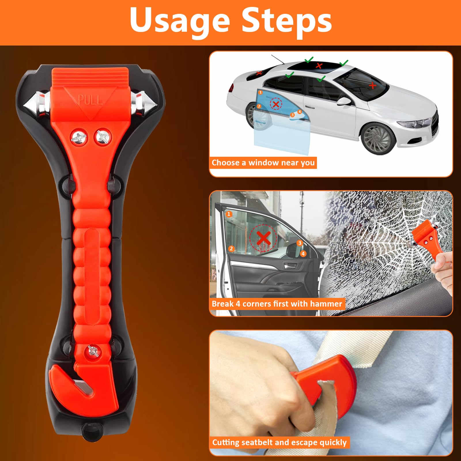 Car Window Breaker Hammer and Seat Belt Cutter 2-in-1, Emergency Escape Tool, Sa