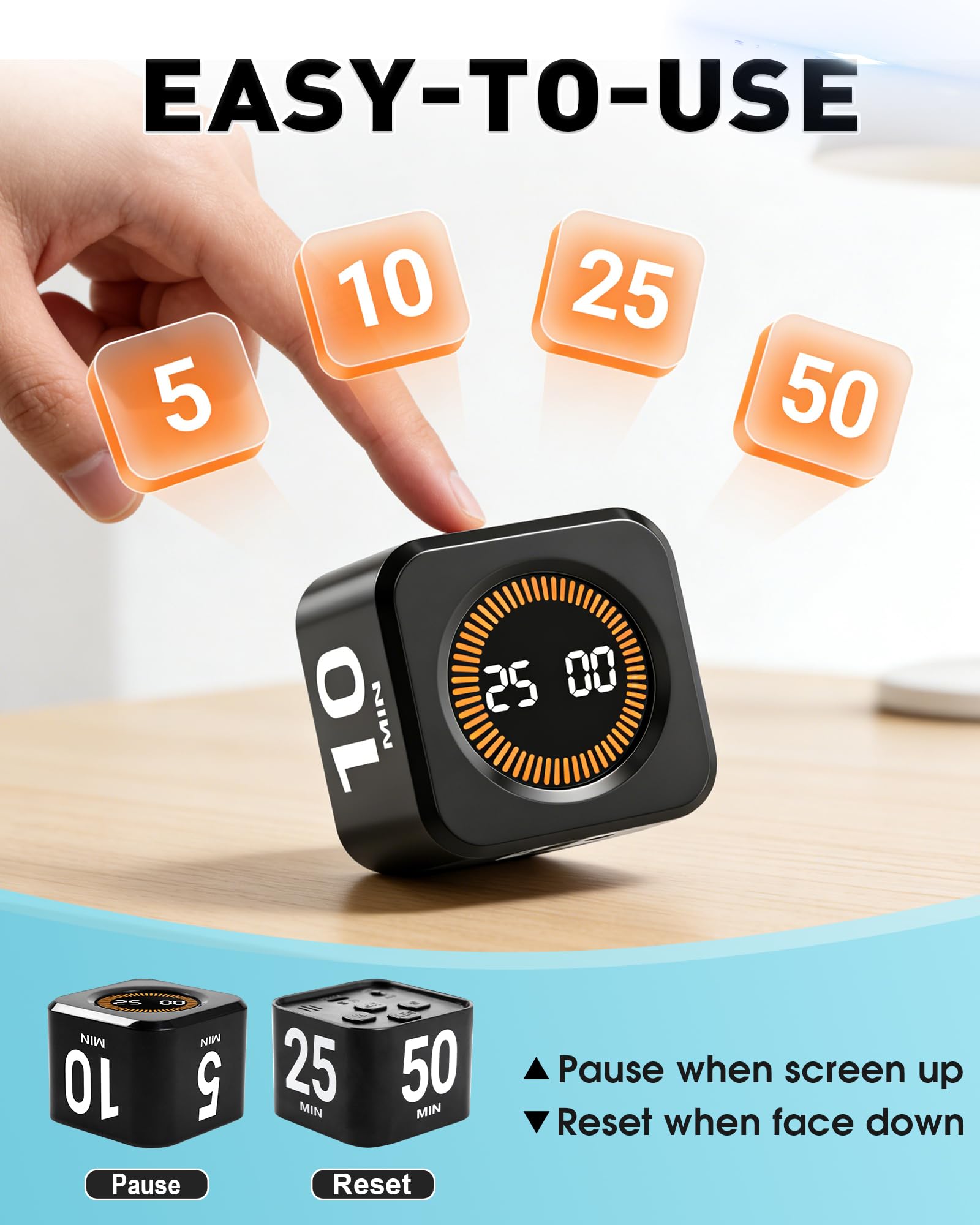 Timer Cube For Productivity — 5/25/10/50 Minutes Preset, Digital Gravity Sensor