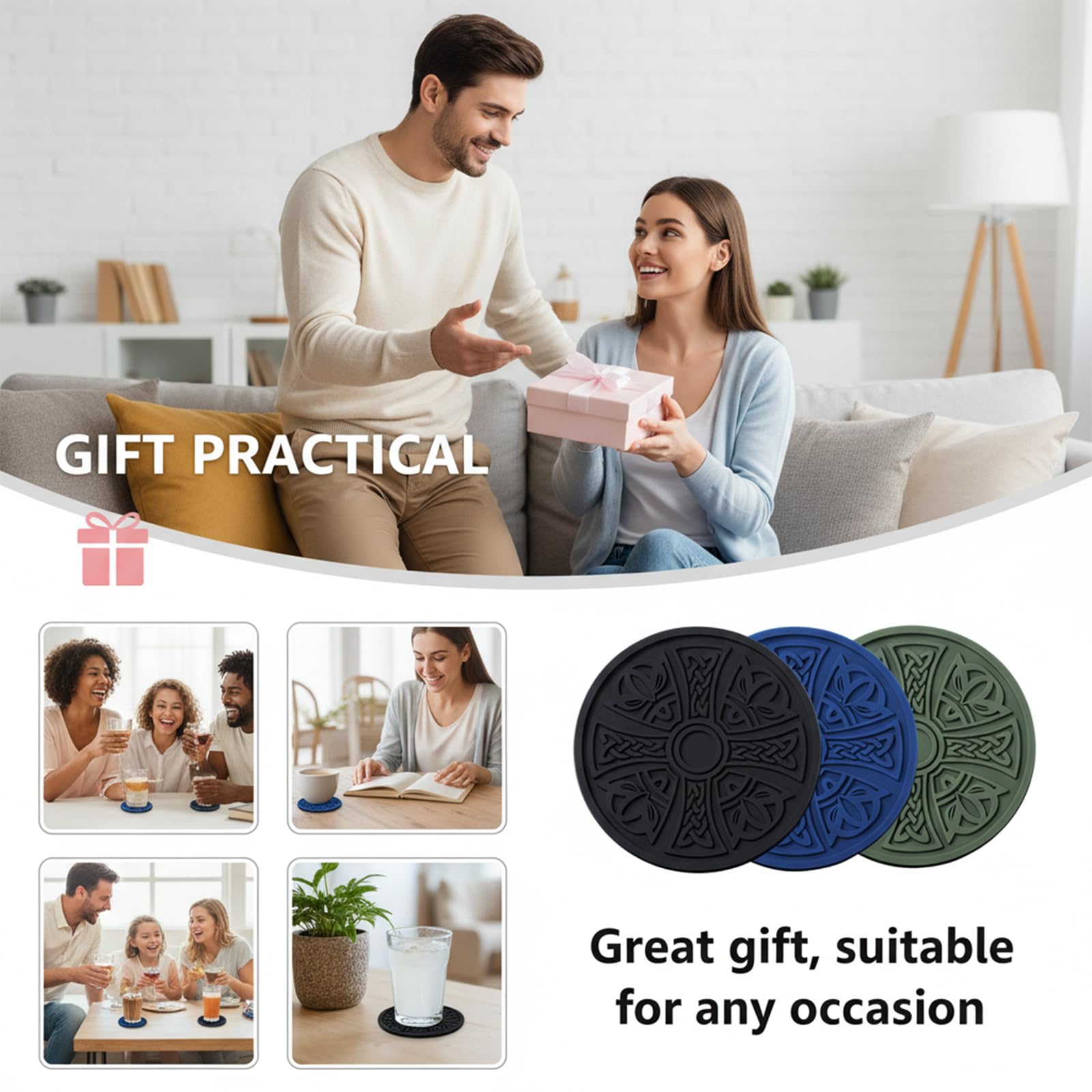 Coasters 6 Pack with Holder — Thickened Non-Slip Cross Pattern Drink Mats for Co