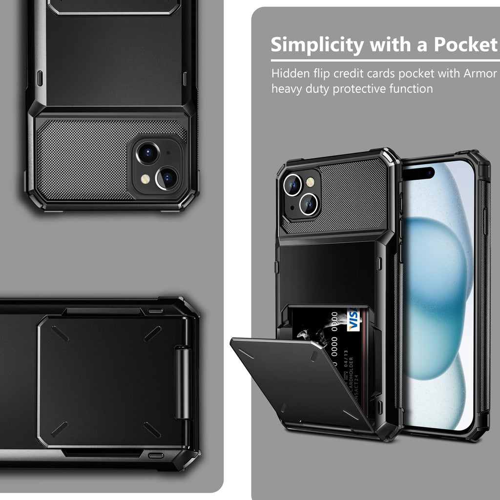 with iPhone 15 Case with Card Holder, 4-Card Dual Layer Heavy Duty Sh