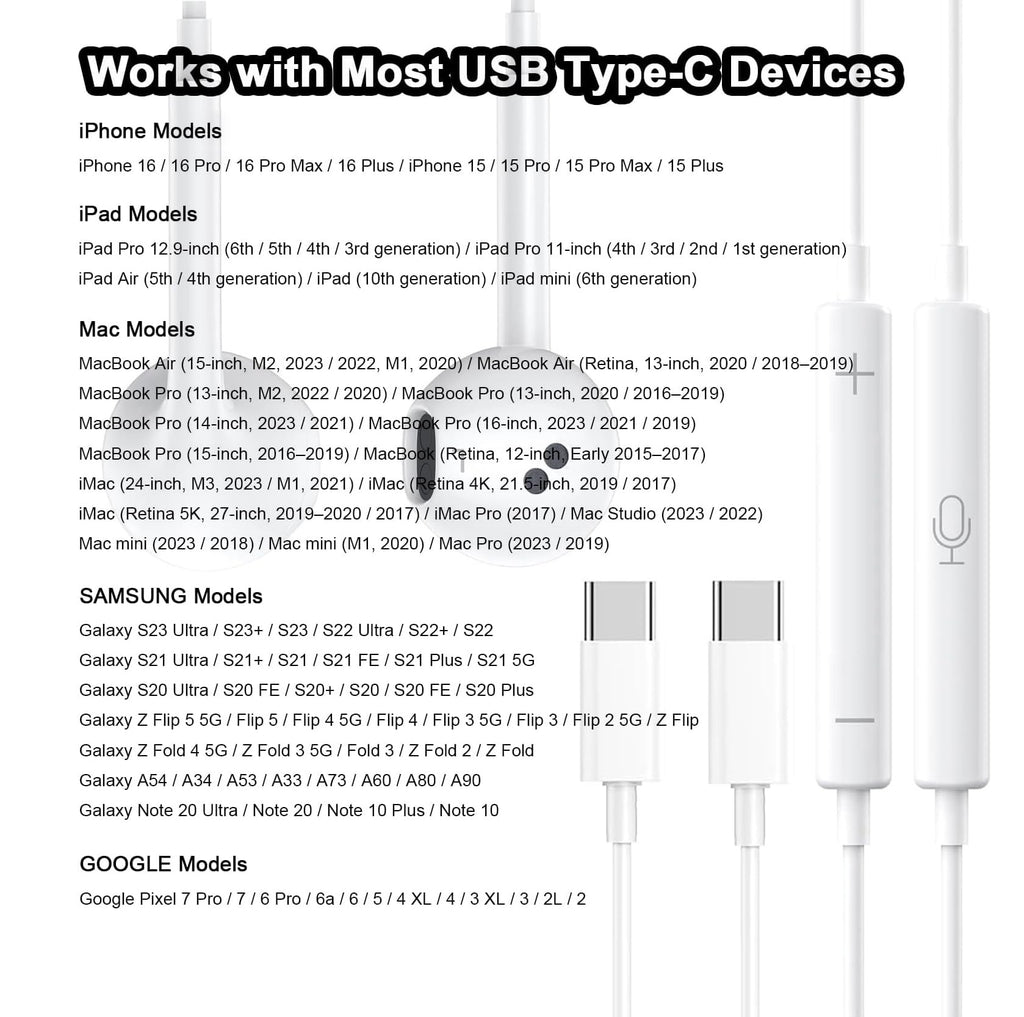Packs USB C Headphones，Type C for iPhone Wired Headphones for iPhone 16/15/17 Ea