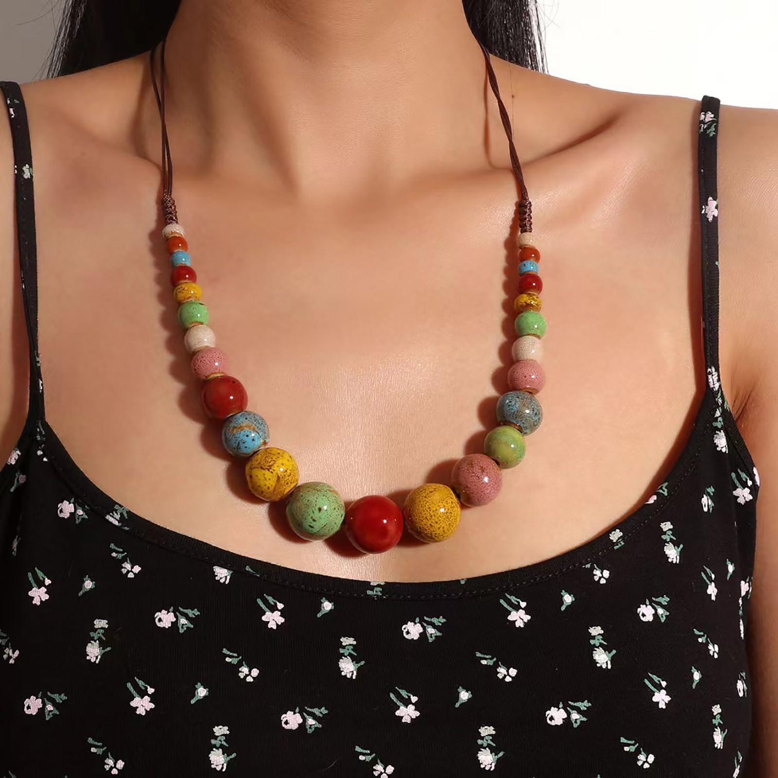 Boho Hippie Ceramic Beaded Necklace for Women Colorful Beaded Strand Necklace Vi