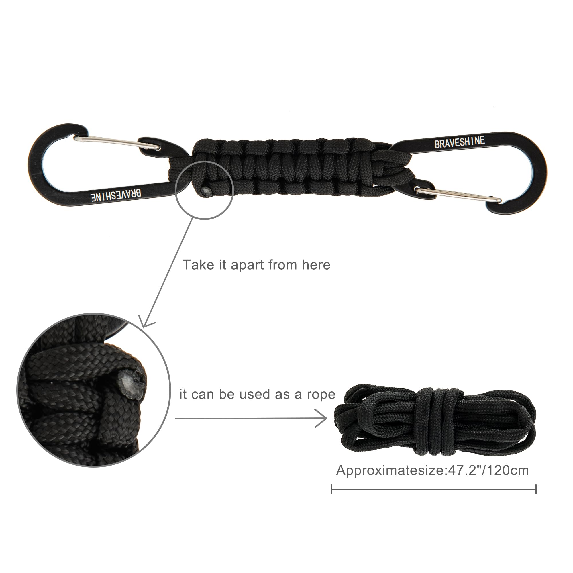 1 Black 1 Orange Paracord Keychain Hooks Carabiner Clips, Lanyard Hanger D Ring