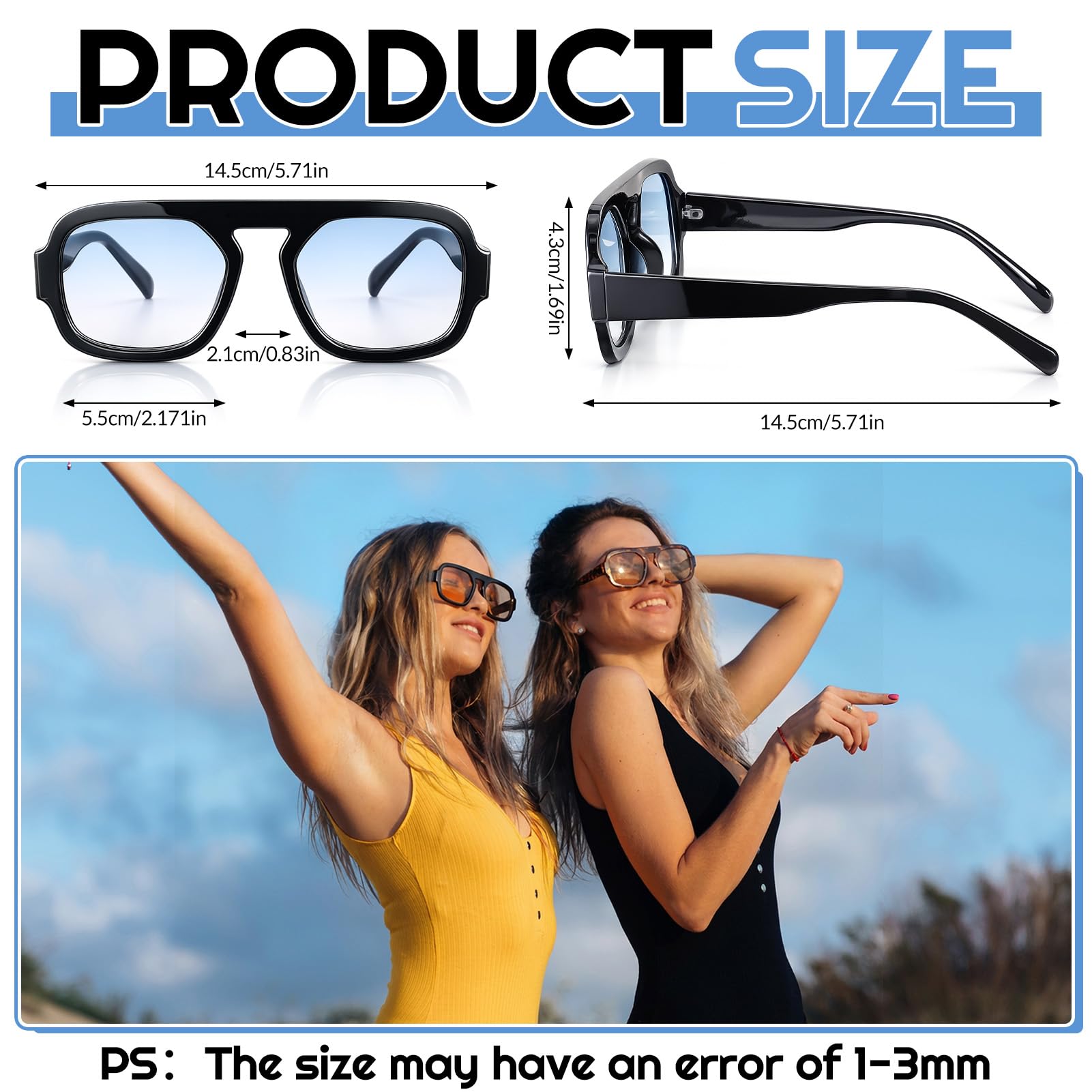 Pack Retro Square Aviator Sunglasses for Women Men 70s Fashion Sun Glasses wit