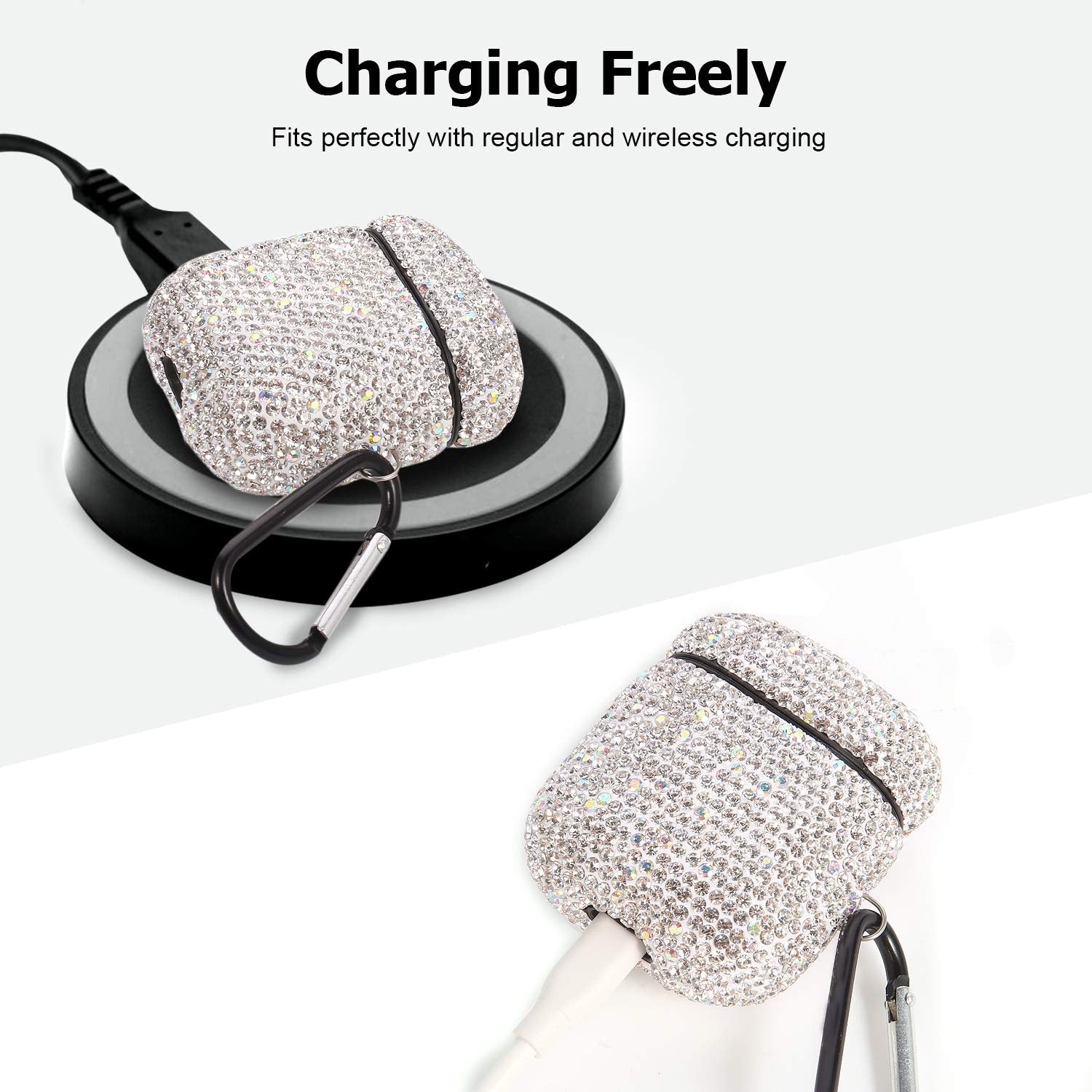 Case For Airpods With Keychain, Shockproof Protective Premium Bling Rhinestone C