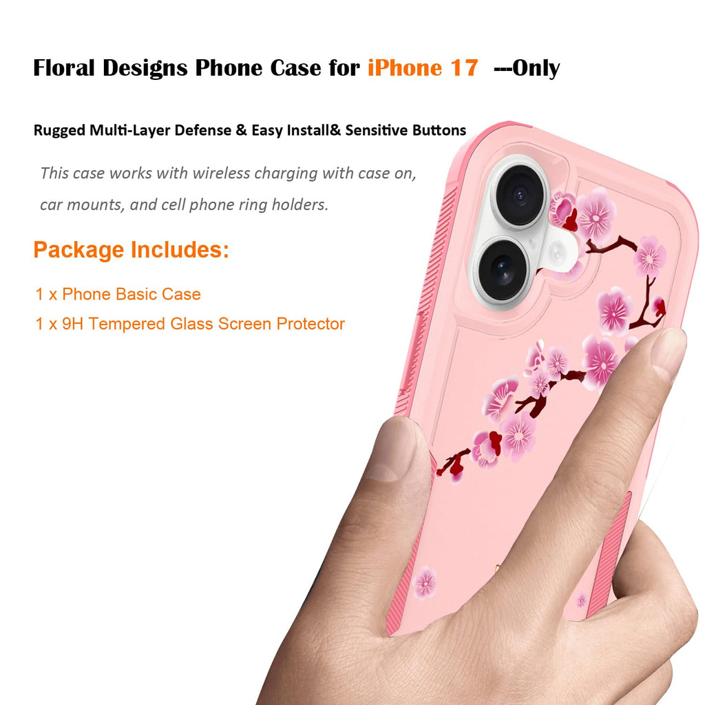 iPhone 17 Case with Screen Protector: Cute Flowers Floral Design for Girls W