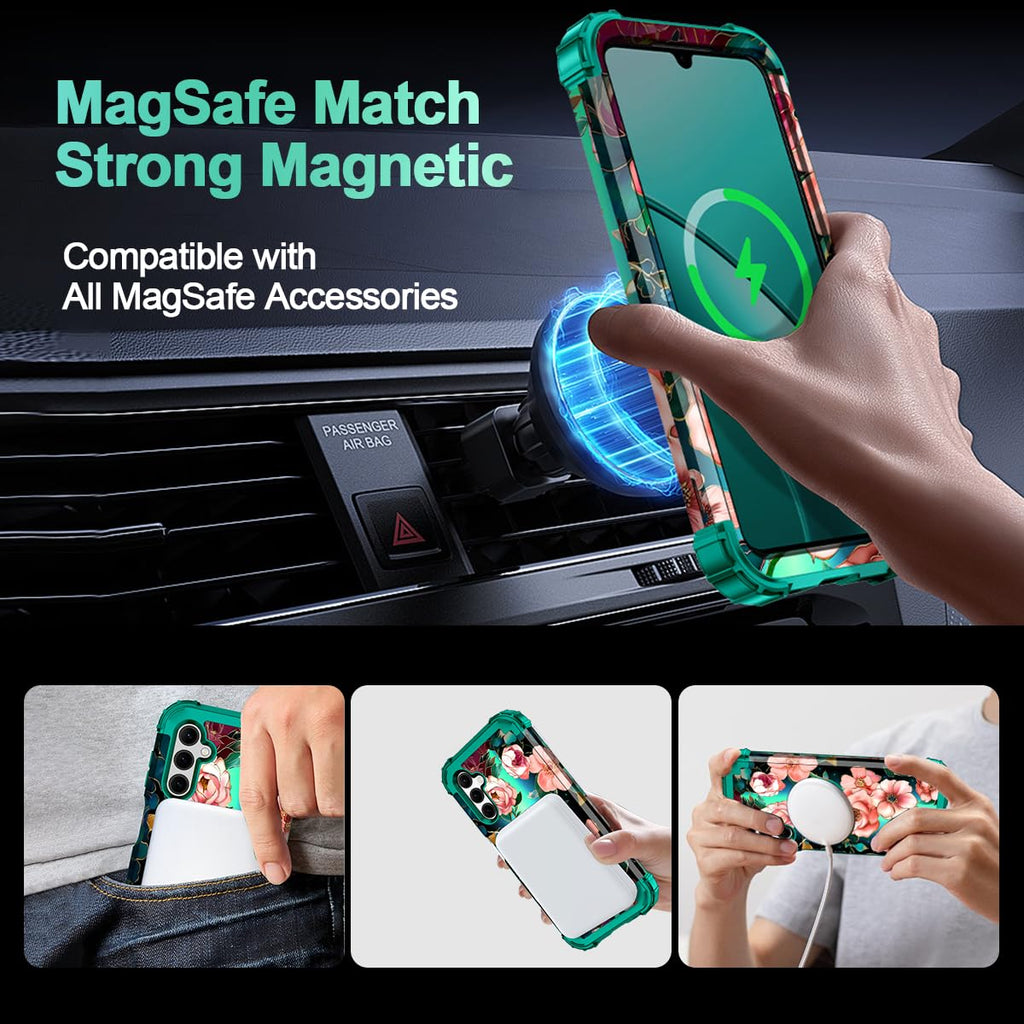 for Galaxy A16 Case Magnetic,[Compatible with MagSafe] Floral Three Layer Heavy