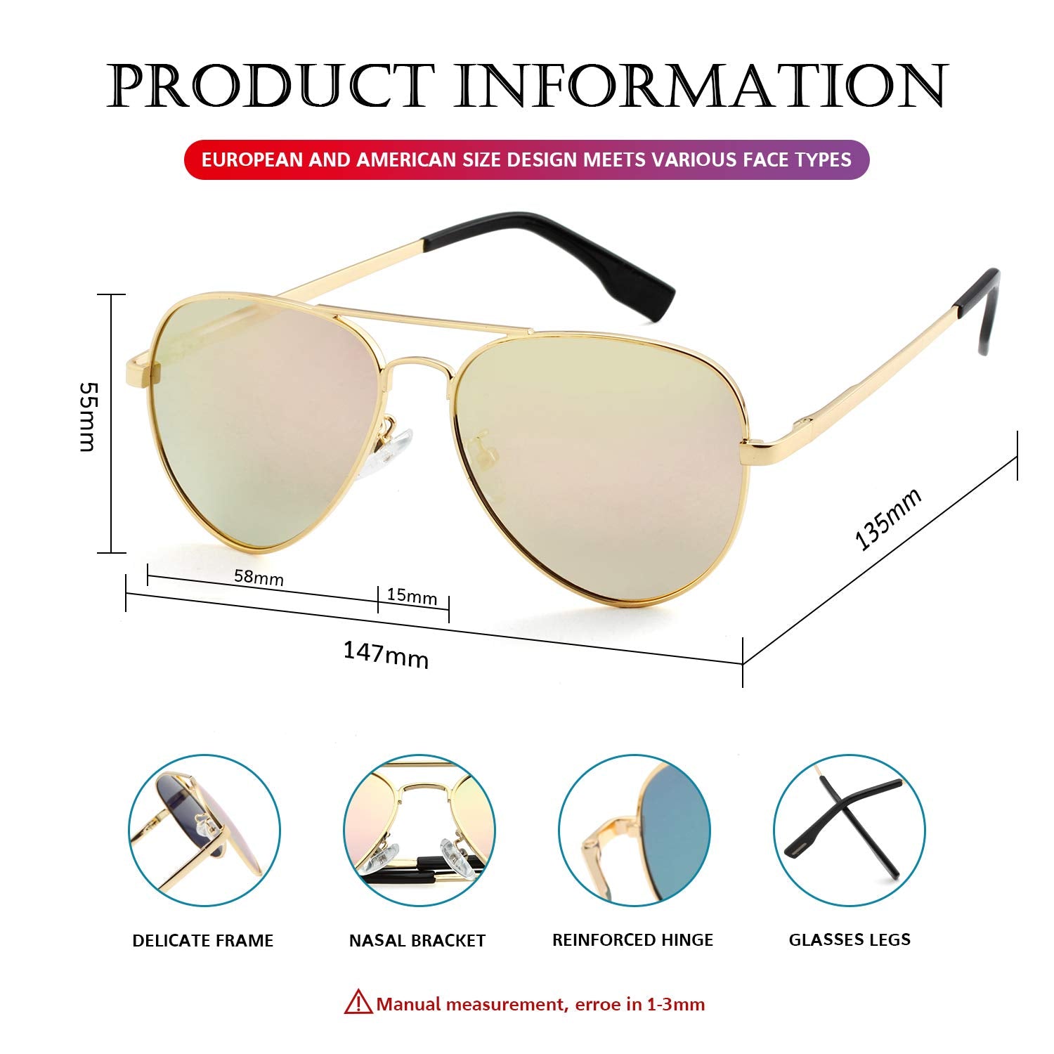Sunglasses for Men Women Metal Frame 100% UV400 Protection Lens, 58mm (G