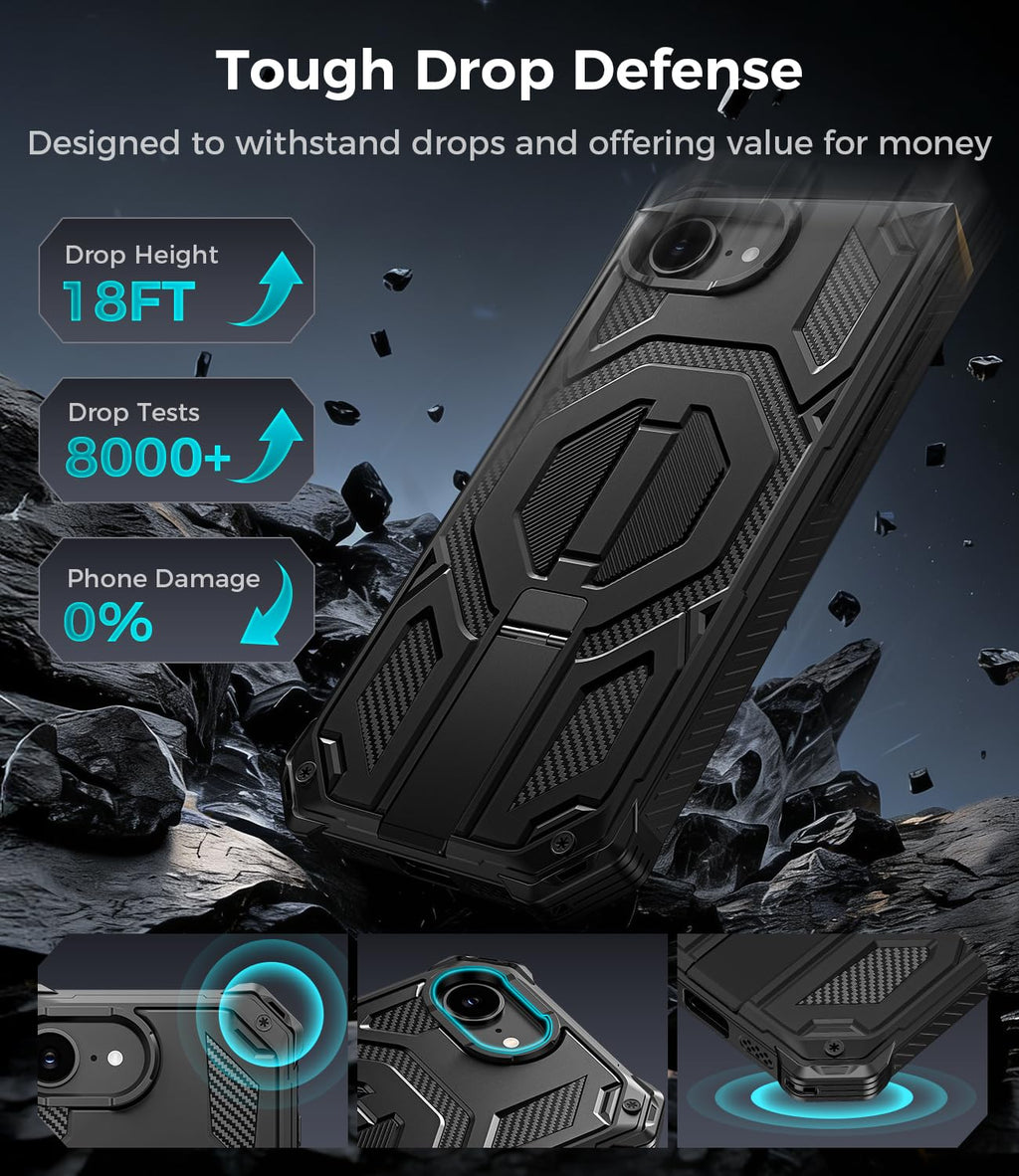 iPhone 17e Case/iPhone 16e Case with Screen Protector & Invisible Kickstand,