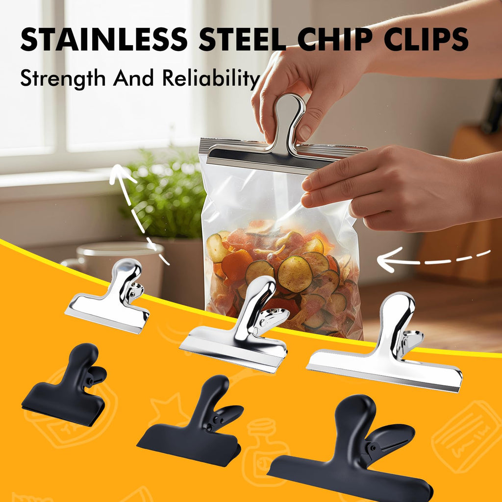 12Pcs Sliver Stainless Steel Chip Clips for Food Packages, Metal Kitc