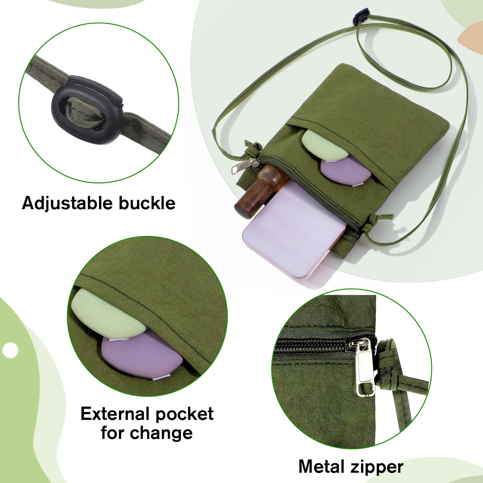 Phone Purse Ultralight Green Zipper Cell Phone Bag Nylon Small Phones Purse