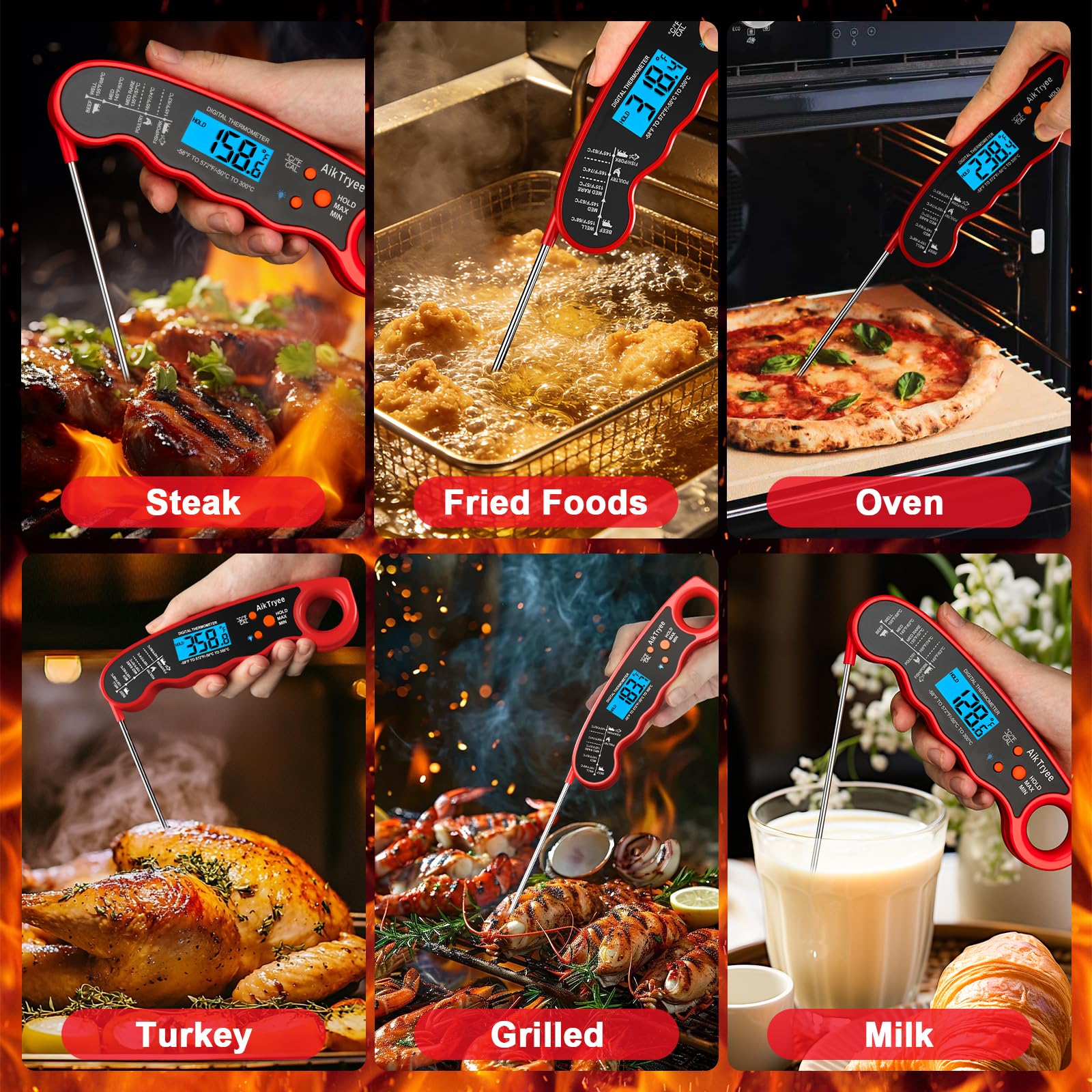 Instant Read Meat Thermometer — Kitchen Cooking, Candy, Oil & BBQ Grill Thermome