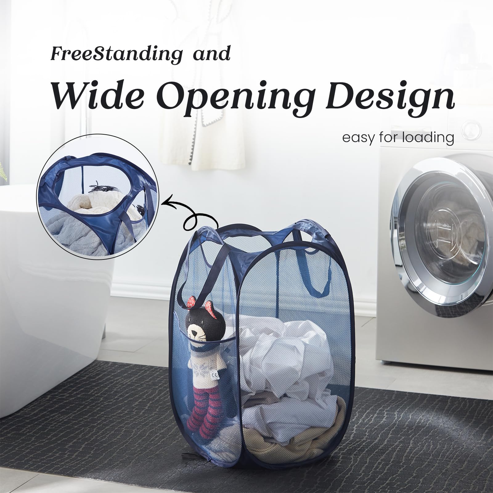 Pop-Up Laundry Basket — Mesh Hamper with Handles & Side Pocket for Dorm, Bathroo