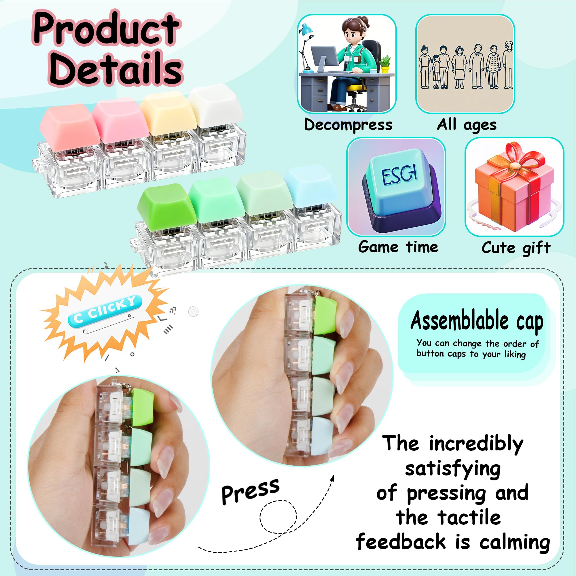 Keyboard Fidget Toy, Keyboard Fidget Keychain 4-in-1 Keyboard Decompression