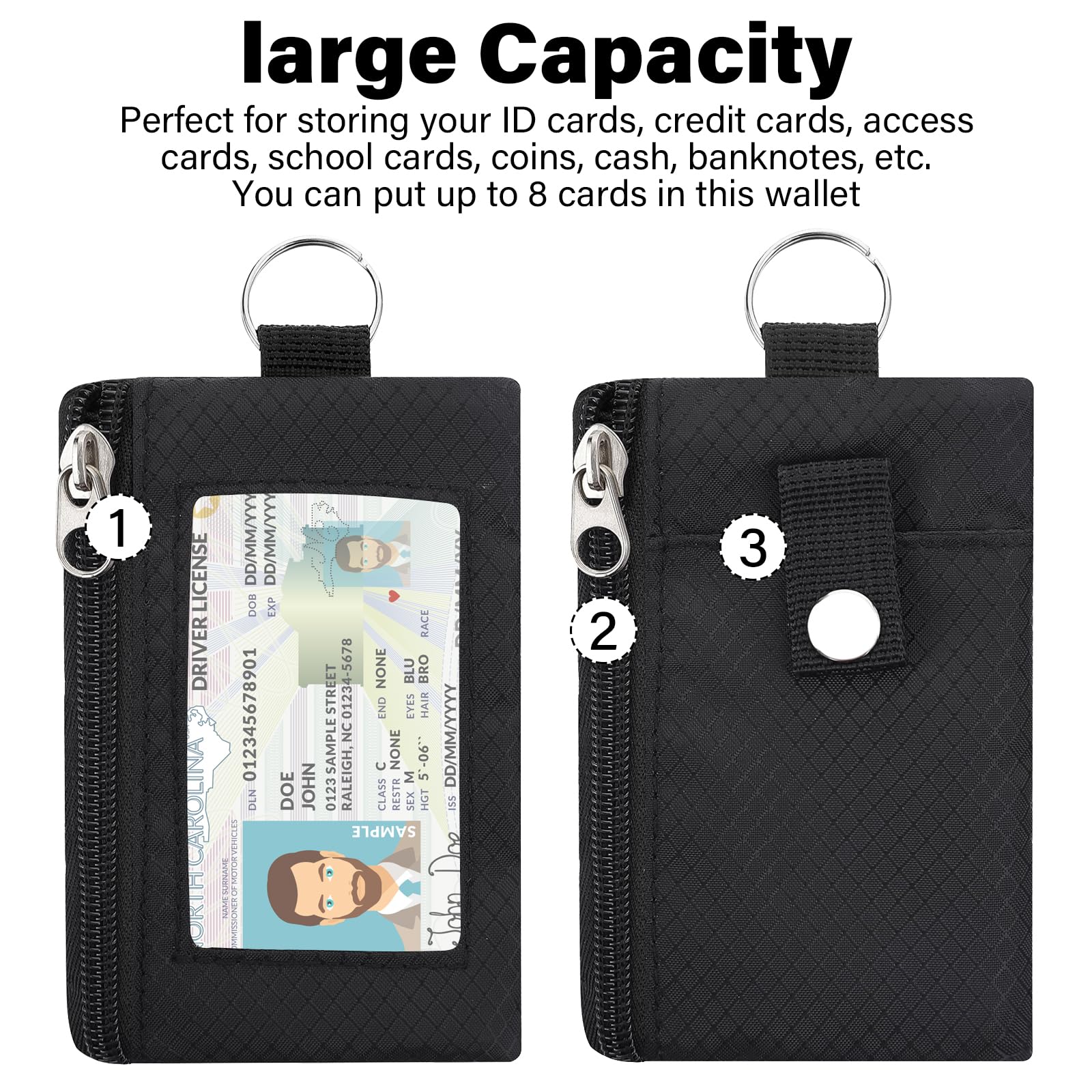 Minimalist Small Wallet for Men Women with 2 Zip Pockets, Multi Functional ID Ca