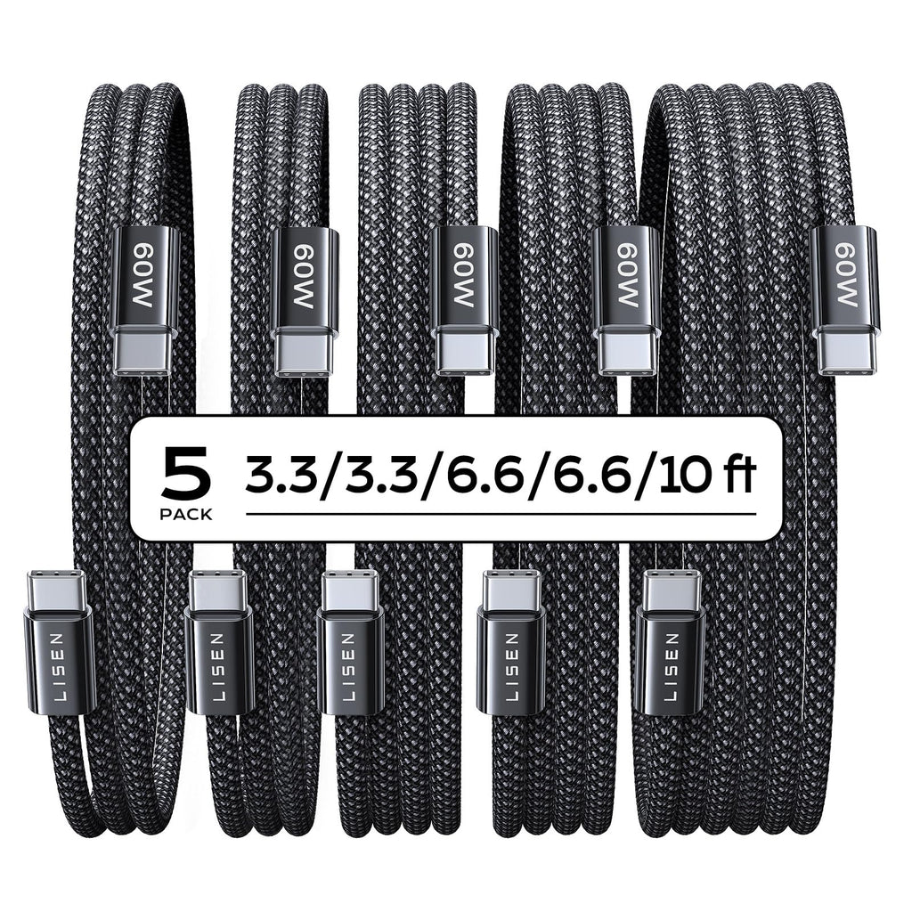 C To Usb C Cable, 5-Pack [3.3/3.3/6.6/6.6/10Ft] For Iphone 17 Charger Cord, 60W