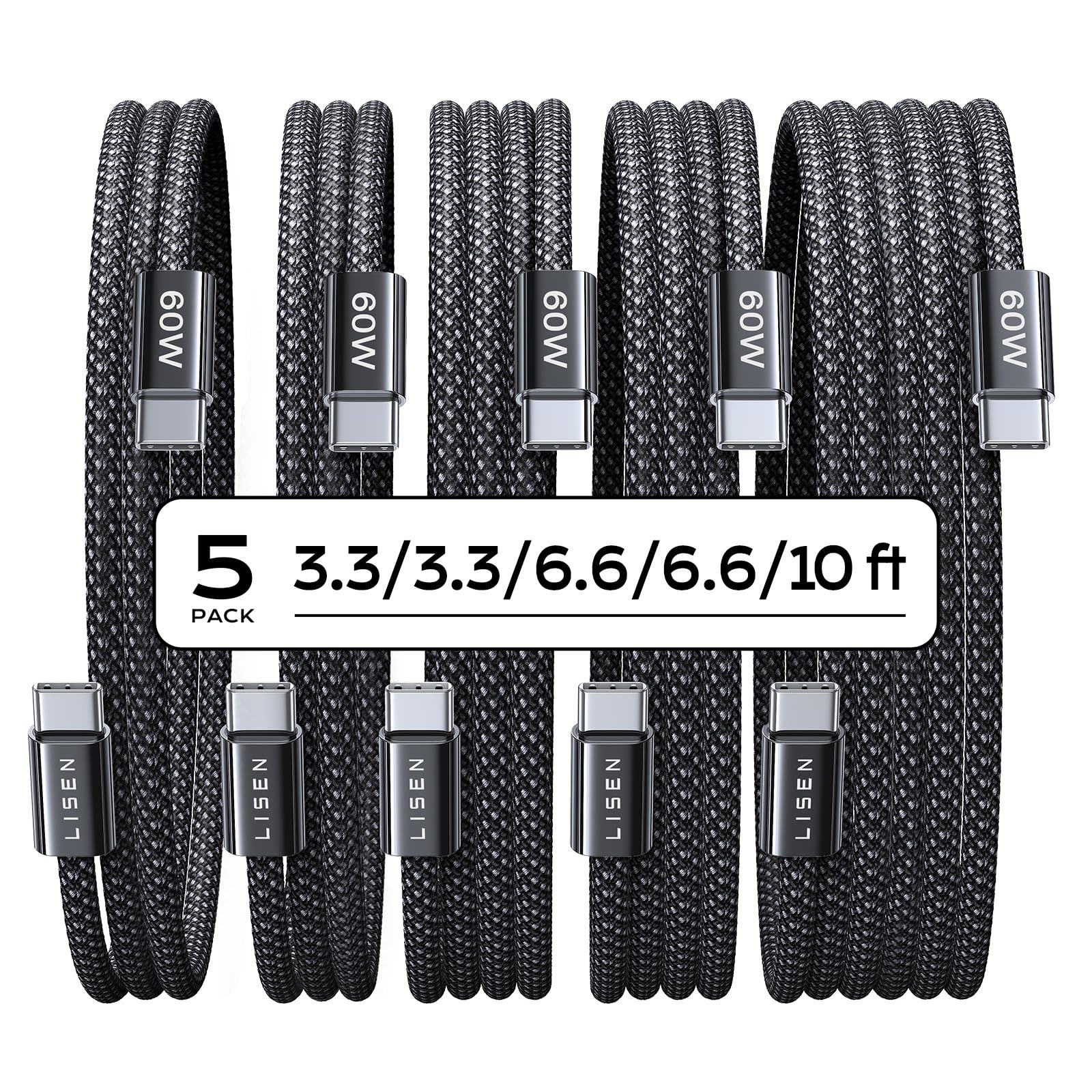 C To Usb C Cable, 5-Pack [3.3/3.3/6.6/6.6/10Ft] For Iphone 17 Charger Cord, 60W