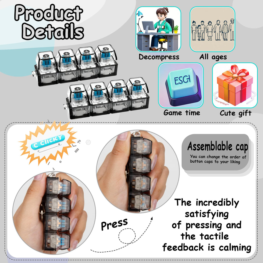 Keyboard Fidget Toy, Keyboard Fidget Keychain 4-in-1 Keyboard Decompression