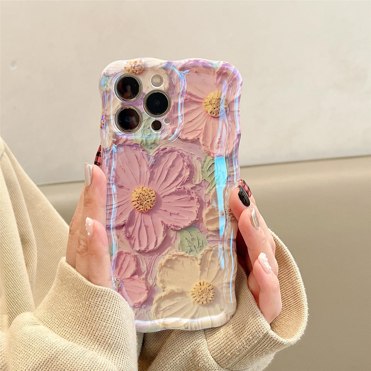 Iphone 15 Pro Case, Colorful Retro Oil Painting Printed Flower Laser Glossy Patt
