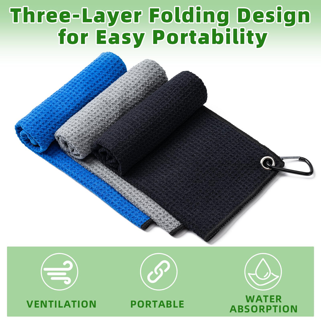 3 Pack Golf Towels(16" X 16") with Carabiner Clip,Microfiber Fabric Waffle Patte