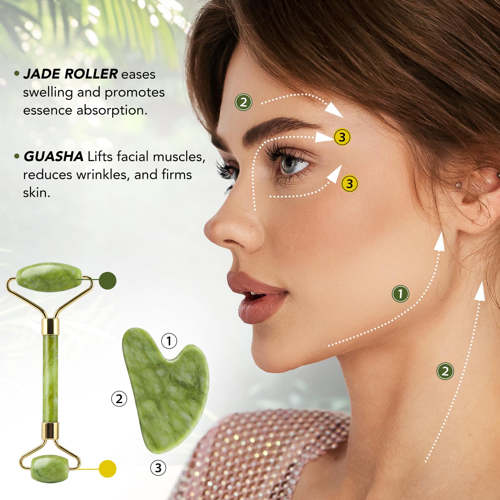 Jade Roller & Gua Sha Set — Cooling Firming Facial Sculpting Tool for Jawline &