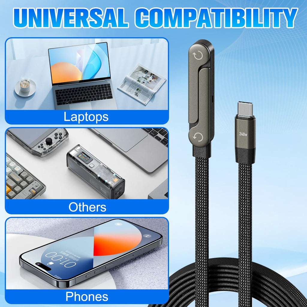 Sideways Fast Charging Cable with Hidden Phone Stand – 240W Braided Charger