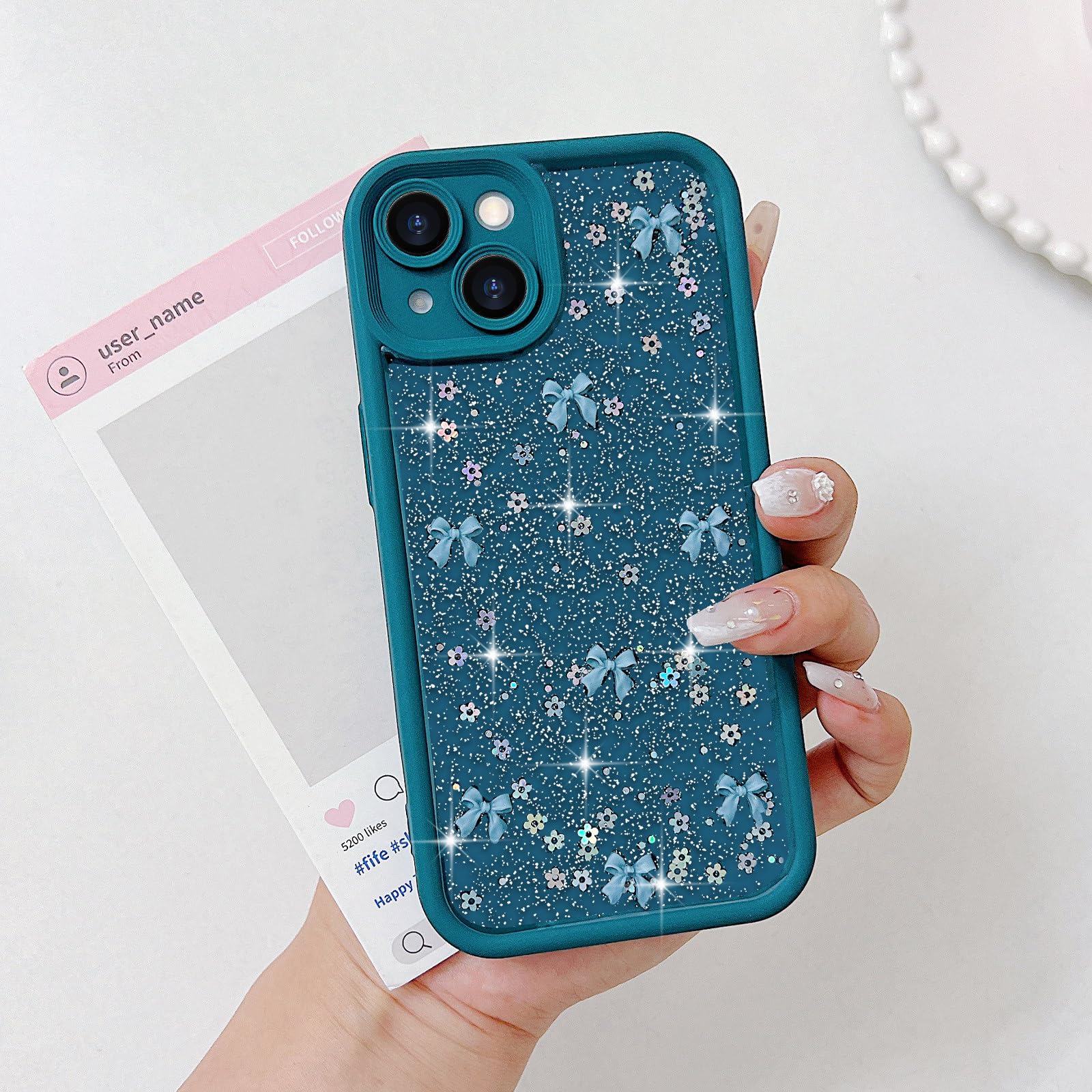 15 Case, Cute for Women Girls Ribbon Bow Pattern Glitter Aesthetic Sh