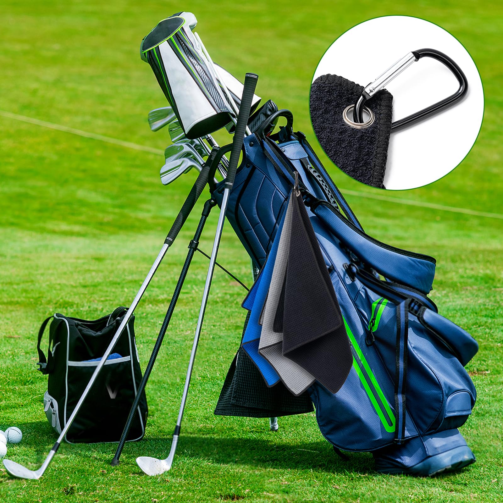3 Pack Golf Towels(16" X 16") with Carabiner Clip,Microfiber Fabric Waffle Patte
