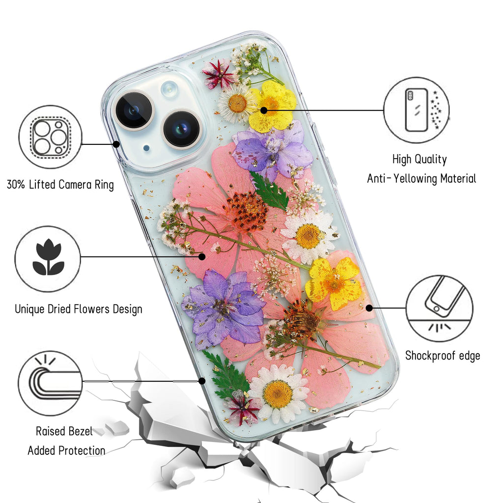 15 Plus Clear Case,Aesthetic Floral Phone Case with Pressed Real Flowers